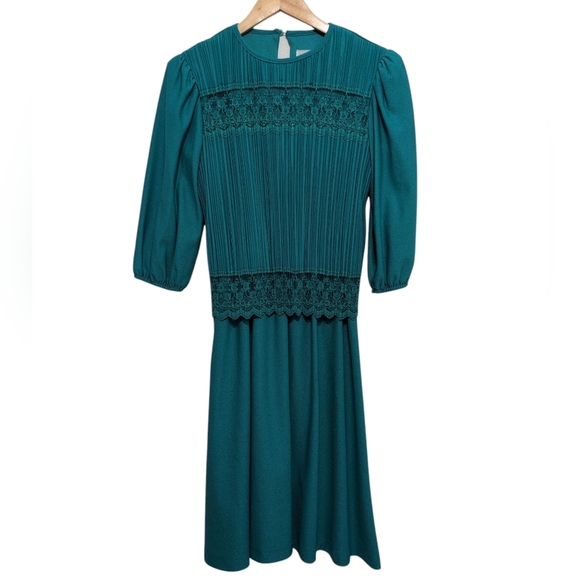 Good Times 80s Vintage Pleated Party Cocktail Dress Teal Size 8P Lace Detail - Picture 1 of 11